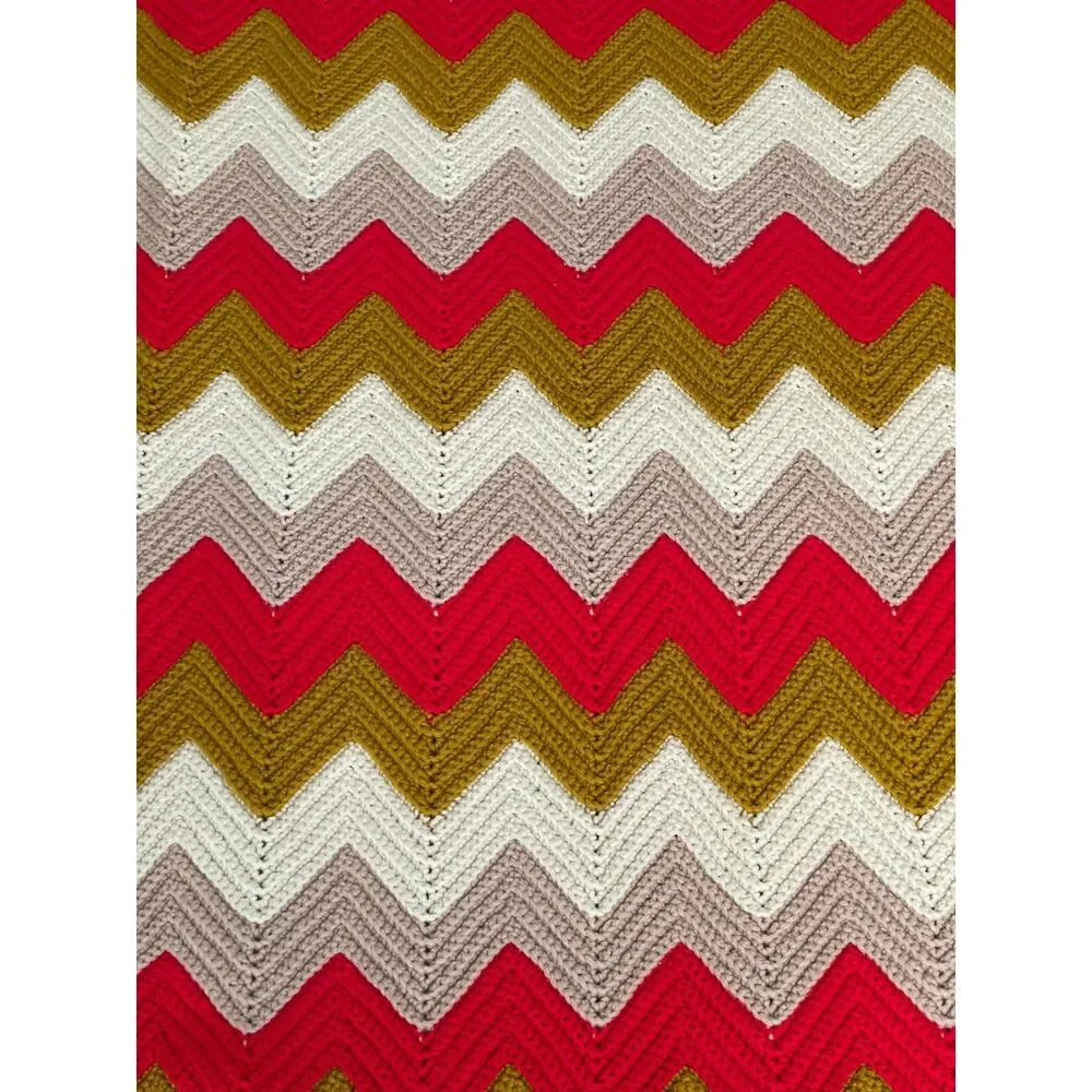 Vintage Crochet Afghan Throw Blanket MCM 1970s Red Taupe 64x48 Zig Zag Chevron